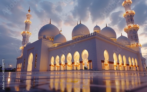 Illuminated Mosque with Minarets at Twilight During Ramadan photo