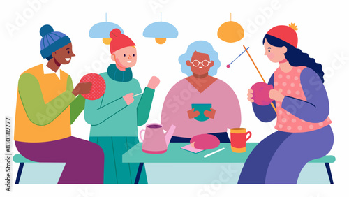 The sound of knitting needles clicking and residents chatting as they learn the art of knitting and crocheting creating scarves hats and other cozy items to be donated to local. Vector illustration