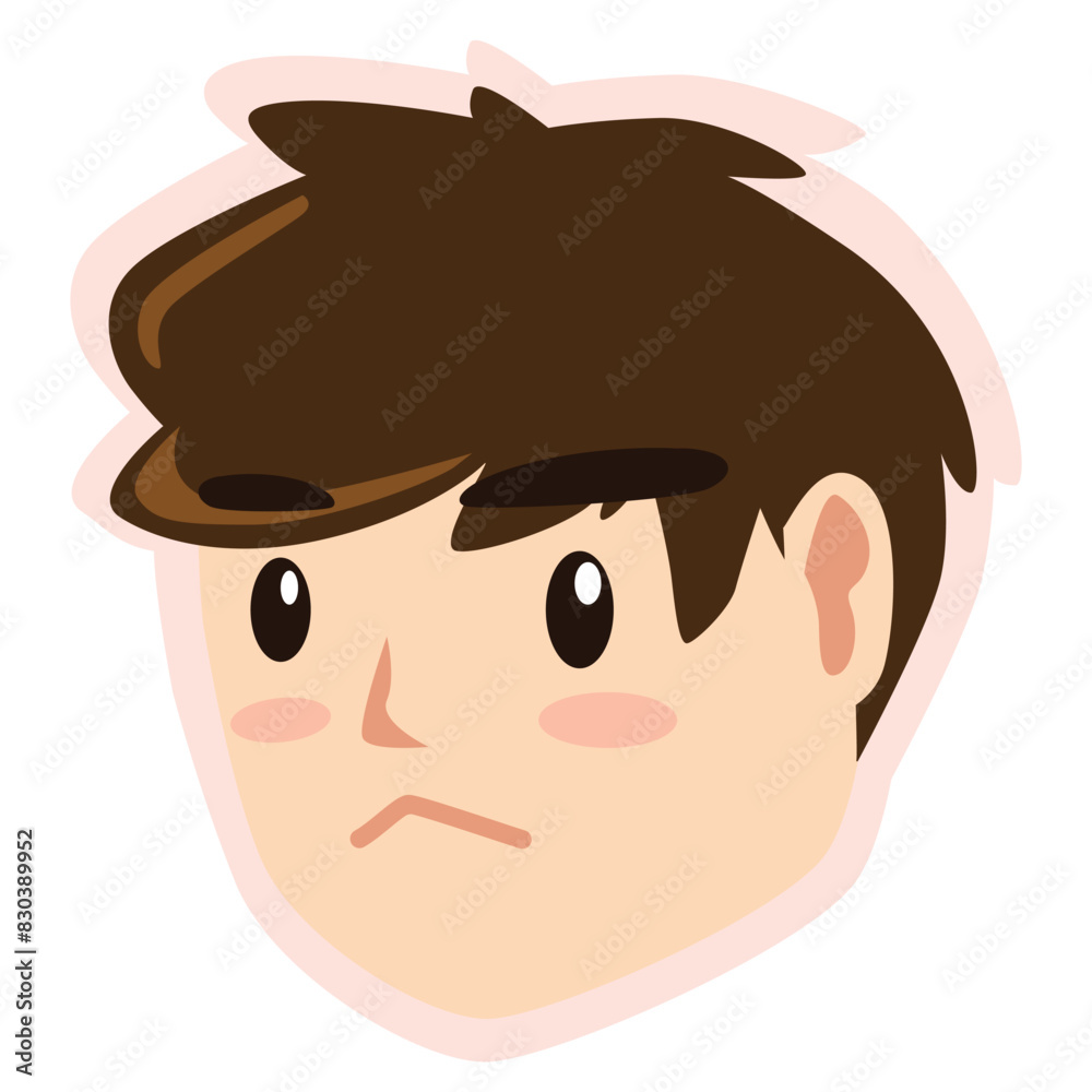 Cute cartoon boy face vector with orange background. pretending to frown. Logo cartoon face on isolated white background. Vector or Illustration.