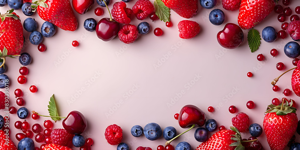Various red berries in frame, pink background Various red berries in frame, pink background