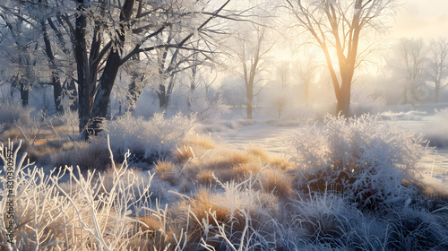 Serene Winter Morning: Frost-Kissed Landscape Bathed in Golden Sunrise © Lillian