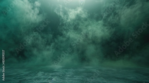 Empty Dark Stage with Green Mist Fog Smoke - Platform Showcasing Artistic Work Product 