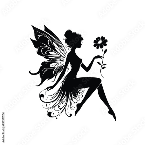 A graceful fairy silhouette seated with extended legs holding a flower with detailed wings against a plain background