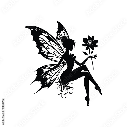 A graceful fairy silhouette seated with extended legs holding a flower with detailed wings against a plain background