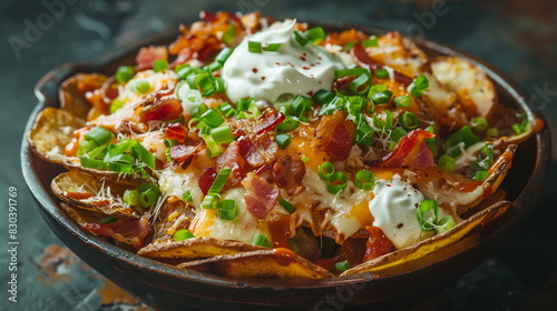 Loaded potato nachos with crispy potato slices topped with cheese, bacon, sour cream, and green onions. photo