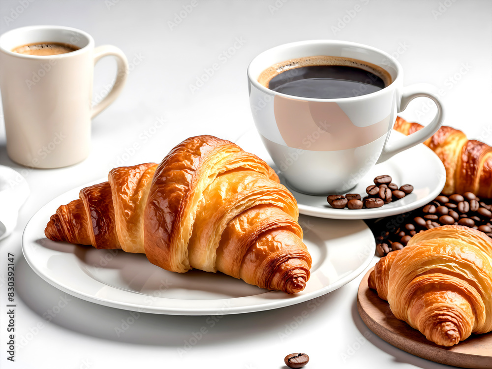 coffee and croissant on the plate, white background, realistic photography coffee and croissant on the plate, white background, realistic photography