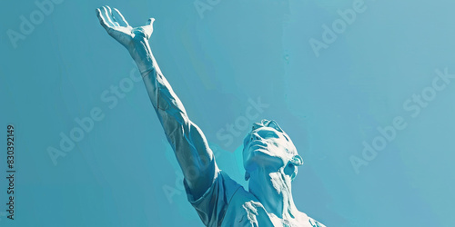 Celestial Strive: A figure stretching towards the heavens, embodying hope and ambition, with a soft pastel blue hue evocative of serenity and peace.