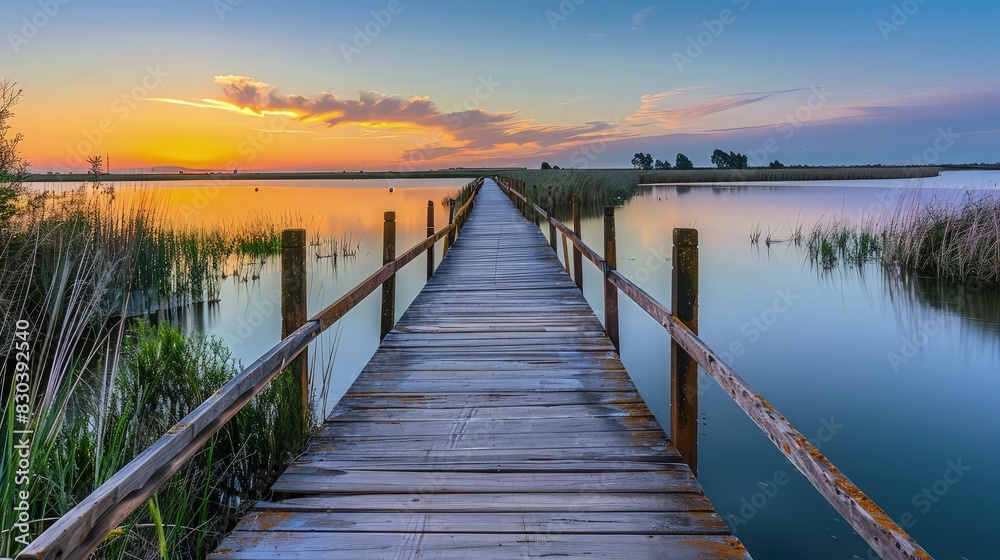 An idyllic scene of a wooden boardwalk at sunset in Ciudad Real, where the tranquil waters and soft sky create a perfect backdrop for an evening walk.
