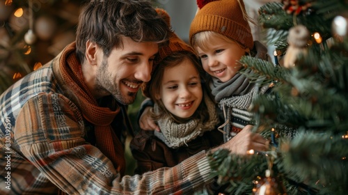 Family decorating their Christmas tree together, all smiling and festive