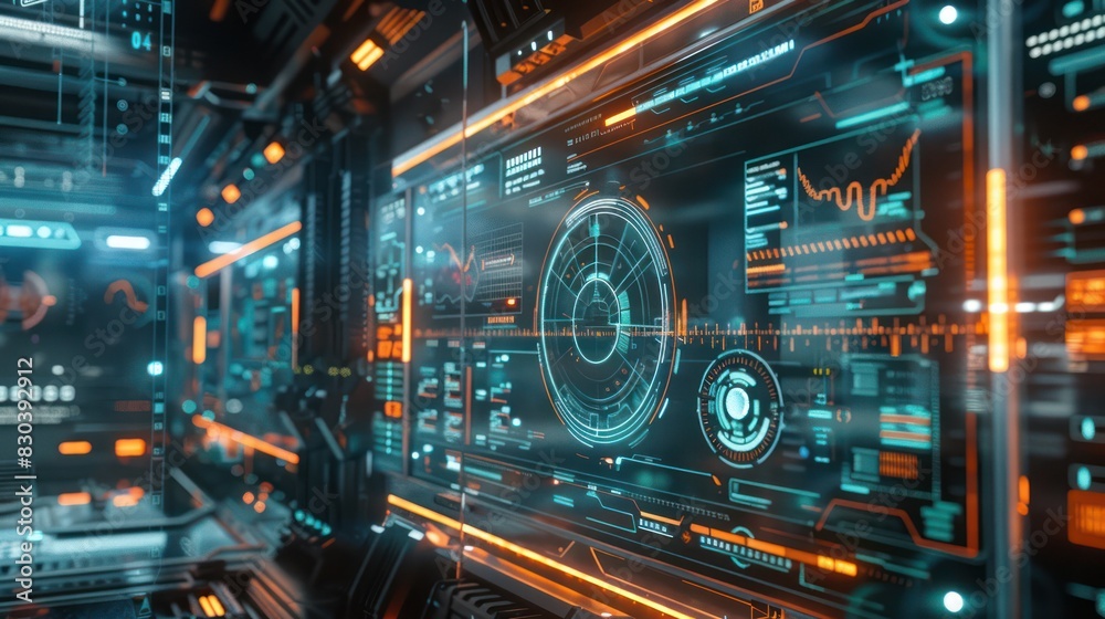 Modern HUD screen monitor technology data and diagram presentation background.