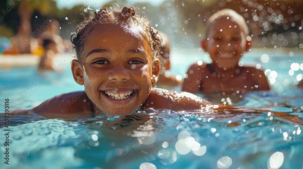 Family enjoying a sunny day at a water park, all smiling and having fun Family enjoying a sunny day at a water park, all smiling and having fun