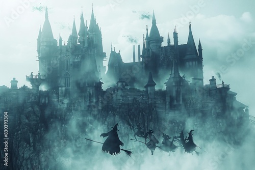 Haunted castle with witches flying on broomsticks in a foggy night background © Yuliia