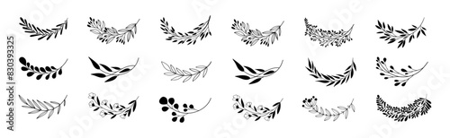 Collection of wreaths and branches with leaves. Botanical rustic greenery, herbs, flowers and plant design elements. Floral minimalist branches for logo, print, tattoo and other ideas.