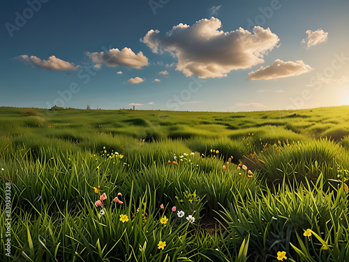 Background Green Field with Wildflowers Flowers 