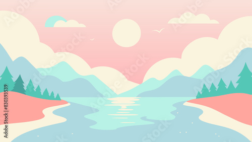 Paisaje con colores pasteles de sol, cielo y agua tranquila con nubes