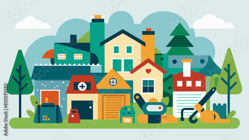 In a suburban neighborhood plagued by natural disasters the residents have come together to create a shared tool library that includes items like chainsaws and generators. They are. Vector