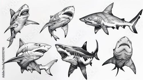 Fototapeta Naklejka Na Ścianę i Meble -  Black and white tattoos of animal drawings featuring fish and sharks