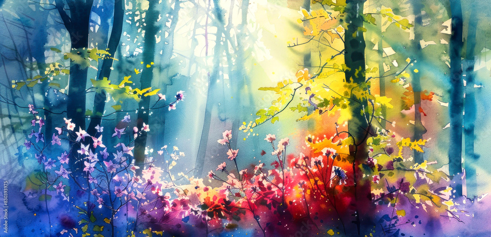 Oil painting landscape scenery - colorful fantasy forest with a mystical atmosphere