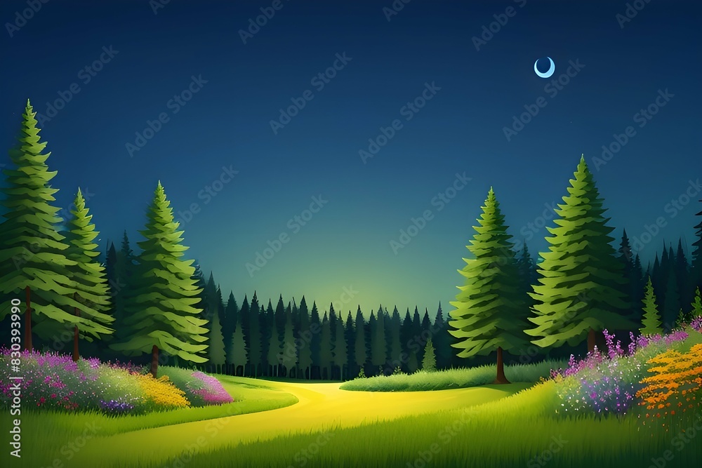 Fototapeta premium Beautiful and Peaceful Nature Scenery Illustration, Landscape, Countryside, Tranquil, Vibrant and Colorful