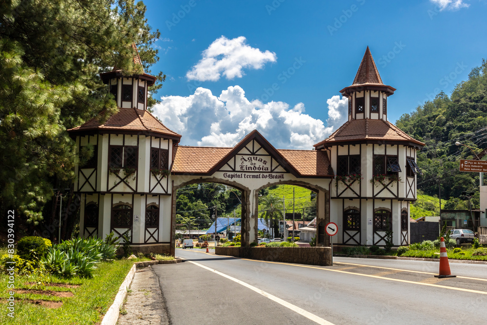 Aguas de Lindoia, Sao Paulo, Brazil, March 18, 2022. Decorated entrance portal to the city of Aguas de Lindoia