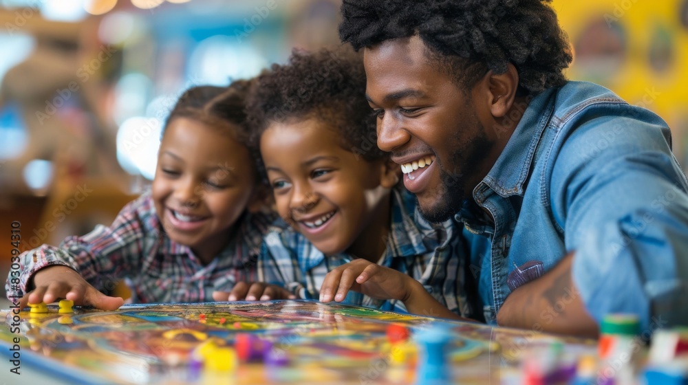 Family playing board games on a rainy day, all smiling and enjoying the time together Family playing board games on a rainy day, all smiling and enjoying the time together