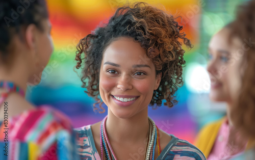 Smiling Woman Engaging in Colorful Social Gathering
