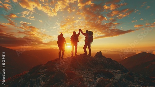 Three Friends Overcoming Obstacles  Mountain Peak Celebration