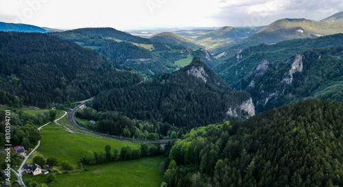 Aerial view of historical Semmering railway bridge in Austria, cloudy day photo