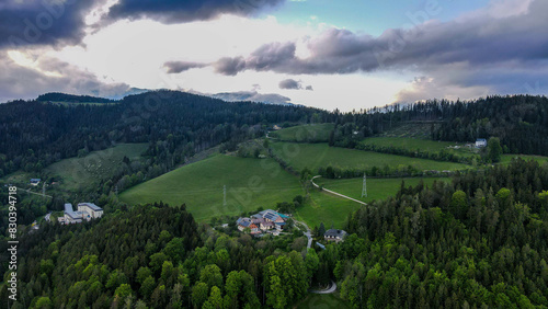 Aerial view of historical Semmering railway bridge in Austria, cloudy day photo