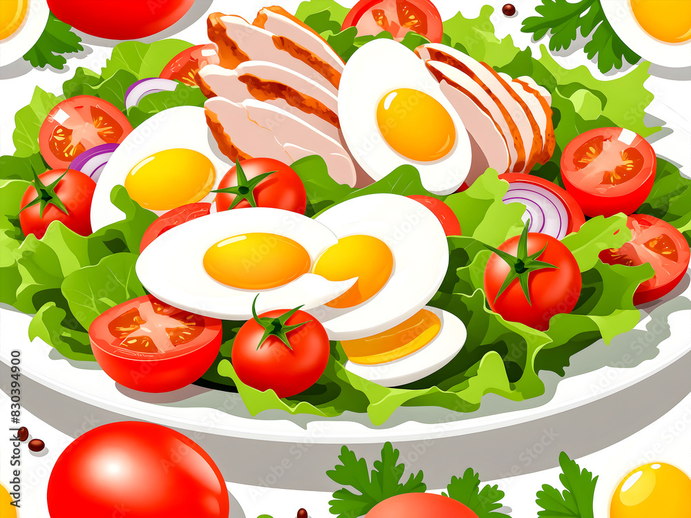 Salad with chicken, eggs and tomatoes, wallpaper design background ...
