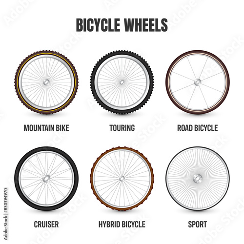 Realistic 3d retro bicycle wheels. Vintage bike rubber tyres, shiny metal spokes and rims. Fitness cycle, touring, sport, road and mountain bike. Vector illustration