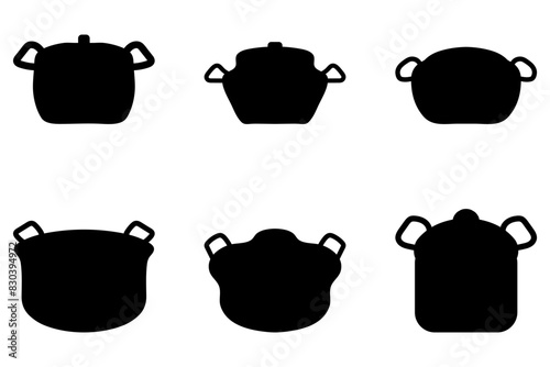 Boiling pot silhouette icon set. Cooking ware flat design