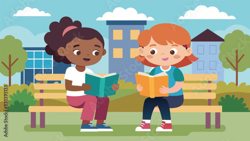 In the school courtyard a pair of elementary reading buddies sit on a bench together taking turns reading pages from a chapter book and discussing the characters and plot.. Vector illustration