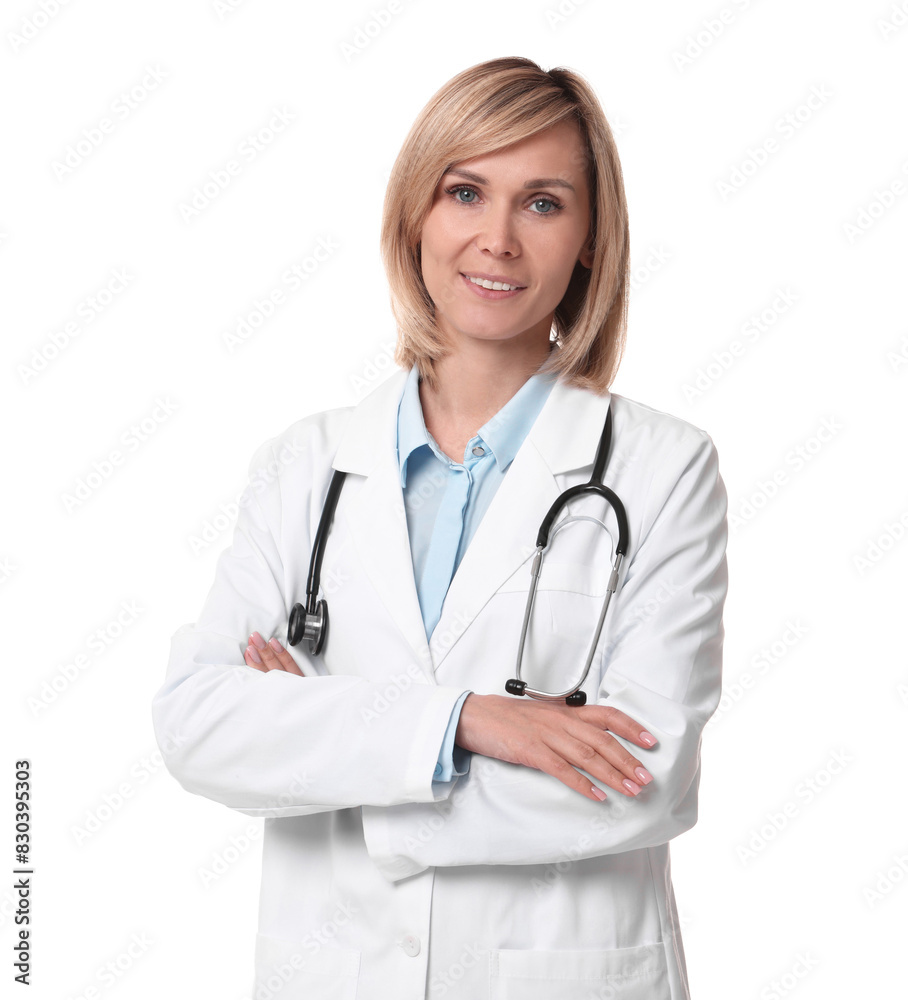 Smiling doctor with crossed arms on white background Smiling doctor with crossed arms on white background