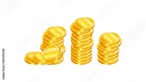 Gold coins in 3d style realistic vector illustration. Coins stacked in columns. Banner design for bank and financial sector.