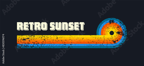 Grunge horizontal vintage sunsets. Various colorful striped sunrise badges in 80s and 90s style. Sun and ocean view, summer vibes, surfing. Design element, print, logo or t-shirt. Vector illustration
