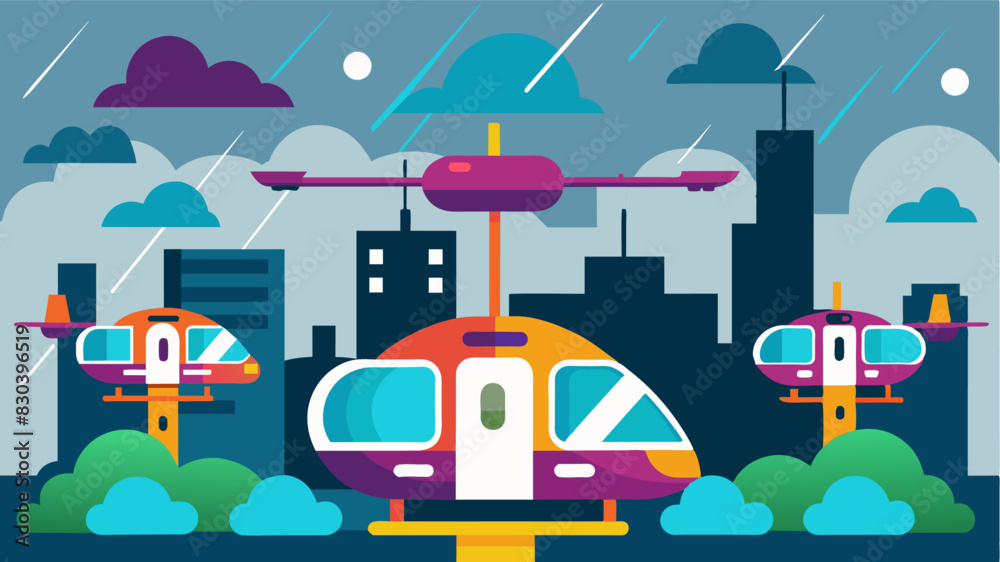 Naklejka premium Against the backdrop of a grey and cloudy sky the electric air taxis stood out with their vibrant colors and futuristic designs a symbol of progress and innovation in the rainy. Vector illustration