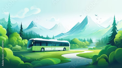 Low carbon transportation, flat design, front view, ecofriendly travel theme, animation, vivid photo