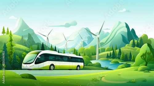 Low carbon transportation, flat design, front view, ecofriendly travel theme, animation, vivid photo