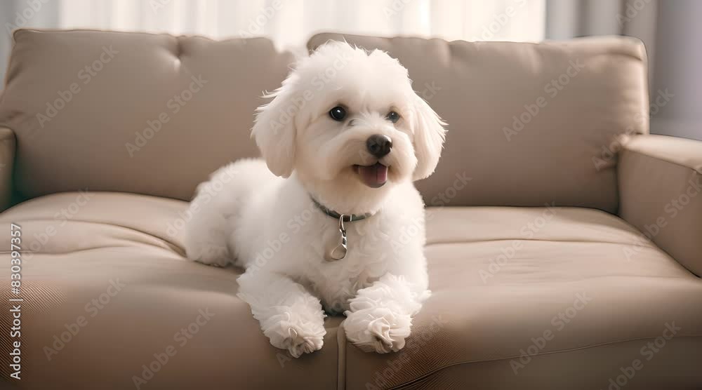 A Bichon Fries dog on top of the sofa A Bichon Fries dog on top of the sofa
