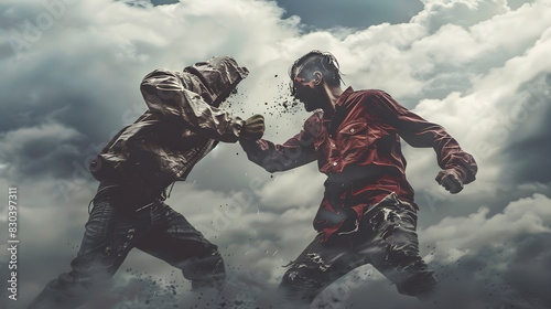 Epic Clash: A Symbolic Representation of Conflict and Resolve Amidst a Stormy Backdrop