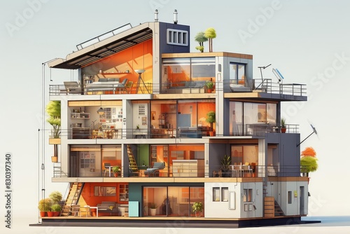 Passive house with airtight construction, flat design, side view, sustainable design theme, cartoon drawing, tetradic color scheme photo