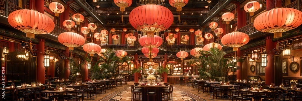Luxurious interior of a grand oriental-themed restaurant decorated with numerous vivid red lanterns and lush greenery creating an elegant ambiance Luxurious interior of a grand oriental-themed restaurant decorated with numerous vivid red lanterns and lush greenery creating an elegant ambiance