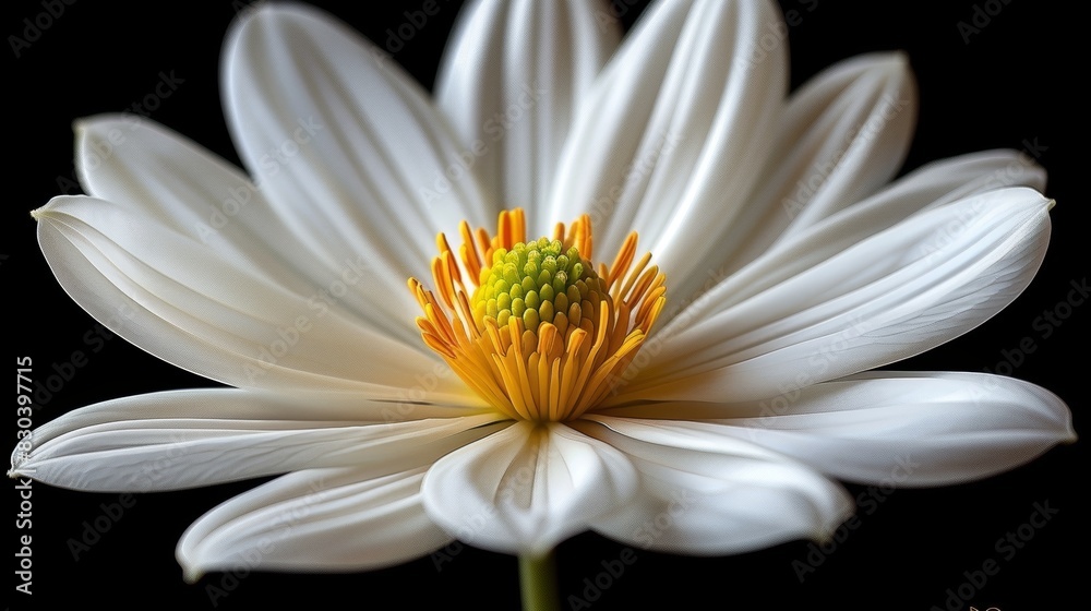 A stunning close-up image of a solitary white flower with intricate petals and a vibrant yellow center set against a black background for an elegant effect