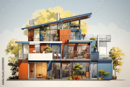 Passive house with airtight construction, flat design, side view, sustainable design theme, cartoon drawing, tetradic color scheme photo