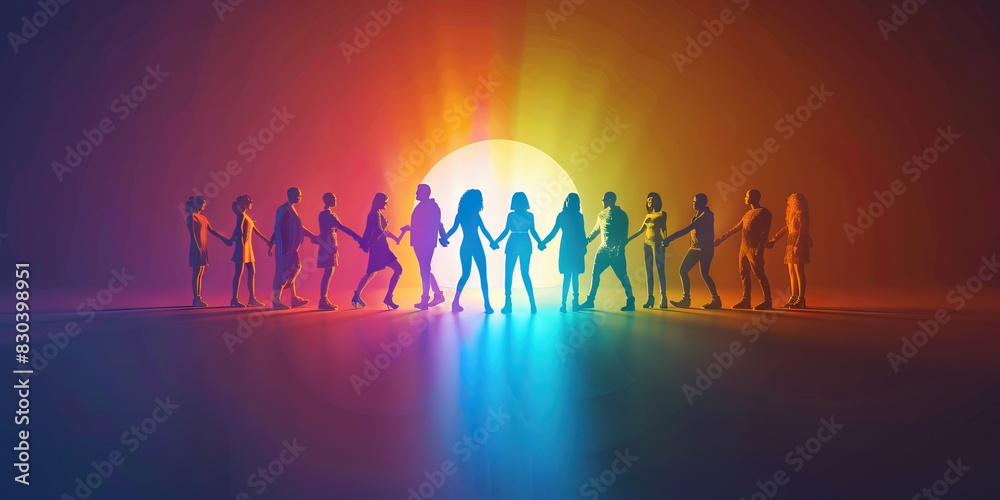 Naklejka premium Inclusivity (Rainbow Colors): A circle of diverse figures holding hands, symbolizing inclusivity and diversity in Gen Z protests.