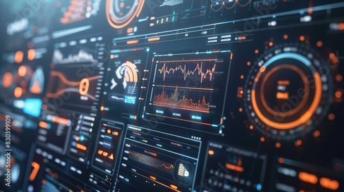 Modern HUD screen monitor technology data and diagram presentation background.