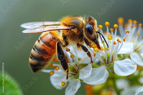 Close-up view of a honeybee collecting pollen from a white blossom flower on a sunny day, showcasing the intricate details of the bee and the flower