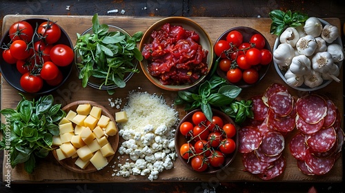 Fresh Ingredients for Delicious Homemade Italian Pizza Arranged on a Rustic Surface
