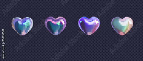 Set of 3d hologram hearts in y2k style. Vector metallic realistic icons of love symbols isolated on transparent background